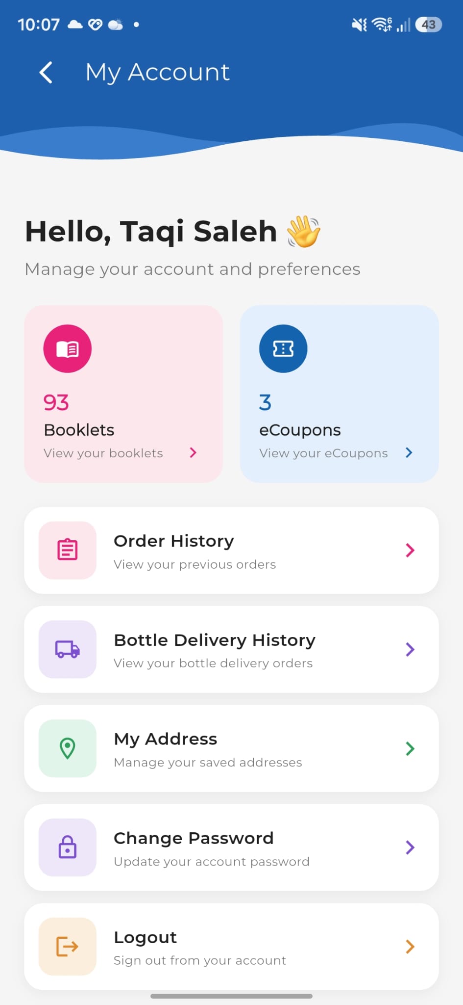 Delmon mobile app account screen preview